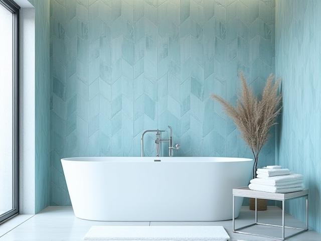 Azulejos de cerámica personalizados en un baño moderno, tonos azules