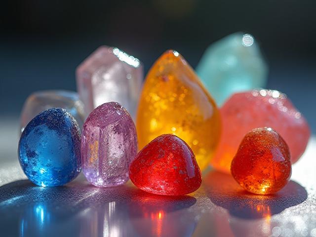 Colección vibrante de cristalería artística hecha a mano, colores variados