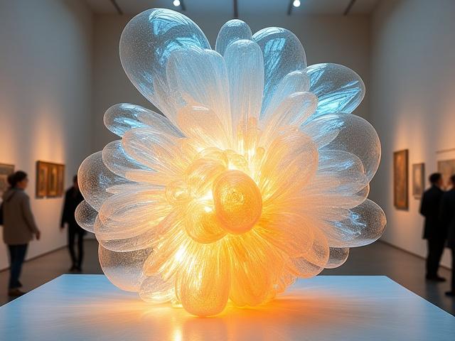 Escultura de vidrio compleja y luminosa en una galería de arte
