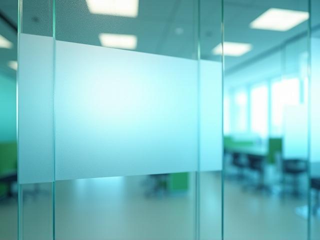 Paneles de vidrio decorativo en tonalidades azules y verdes para oficina