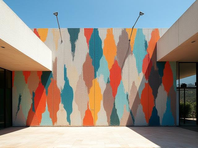 Mural cerámico abstracto de gran formato en un espacio público contemporáneo