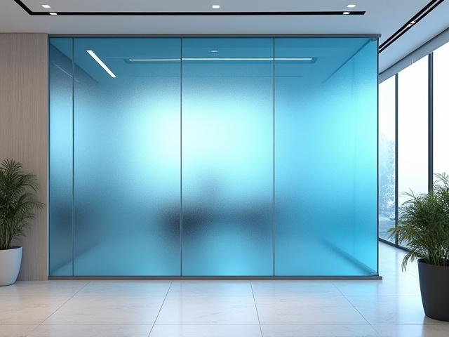 Panel de vidrio decorativo con patrones geométricos en oficina moderna